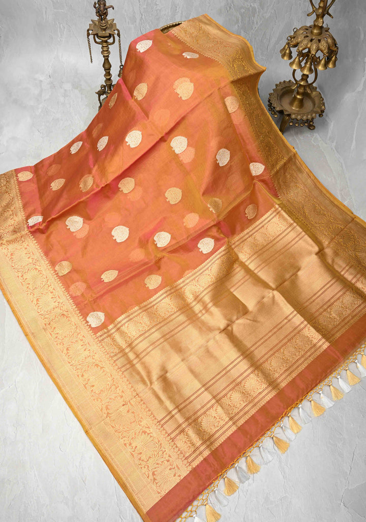 Orange Dual tone Banarasi Kora Silk Saree with Sona Rupa Buttas and Zari Border | SILK MARK CERTIFIED