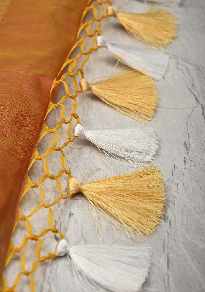 Orange Dual tone Banarasi Kora Silk Saree with Sona Rupa Buttas and Zari Border | SILK MARK CERTIFIED