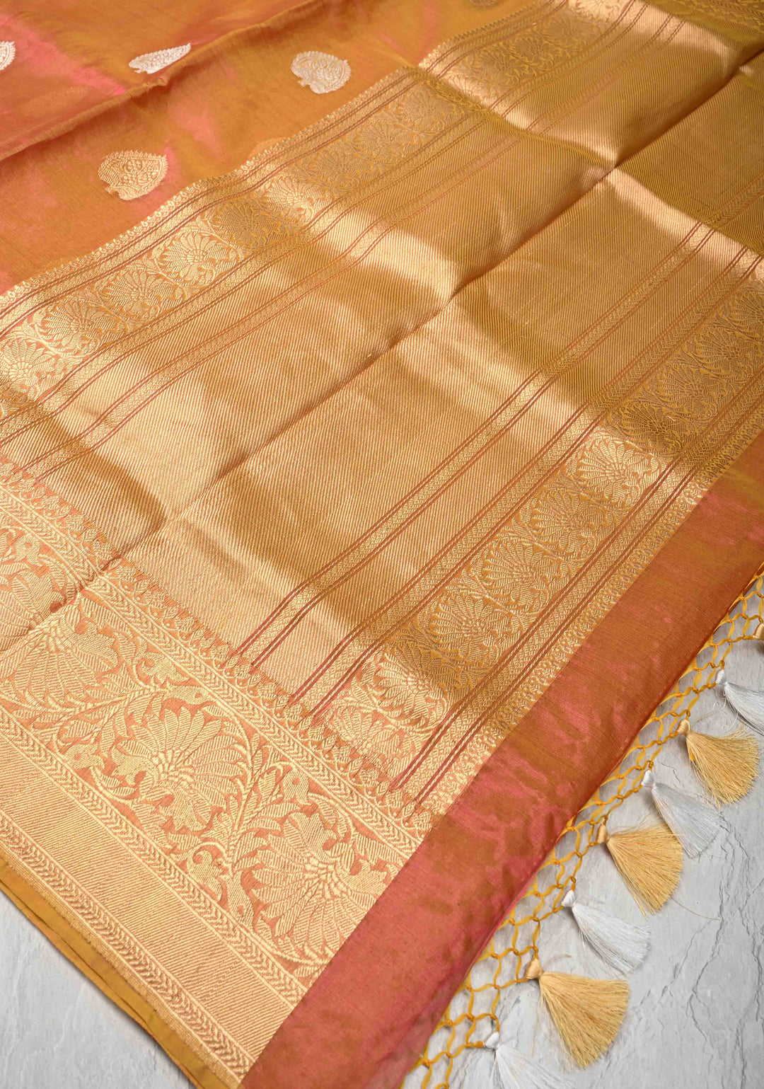 Orange Dual tone Banarasi Kora Silk Saree with Sona Rupa Buttas and Zari Border | SILK MARK CERTIFIED