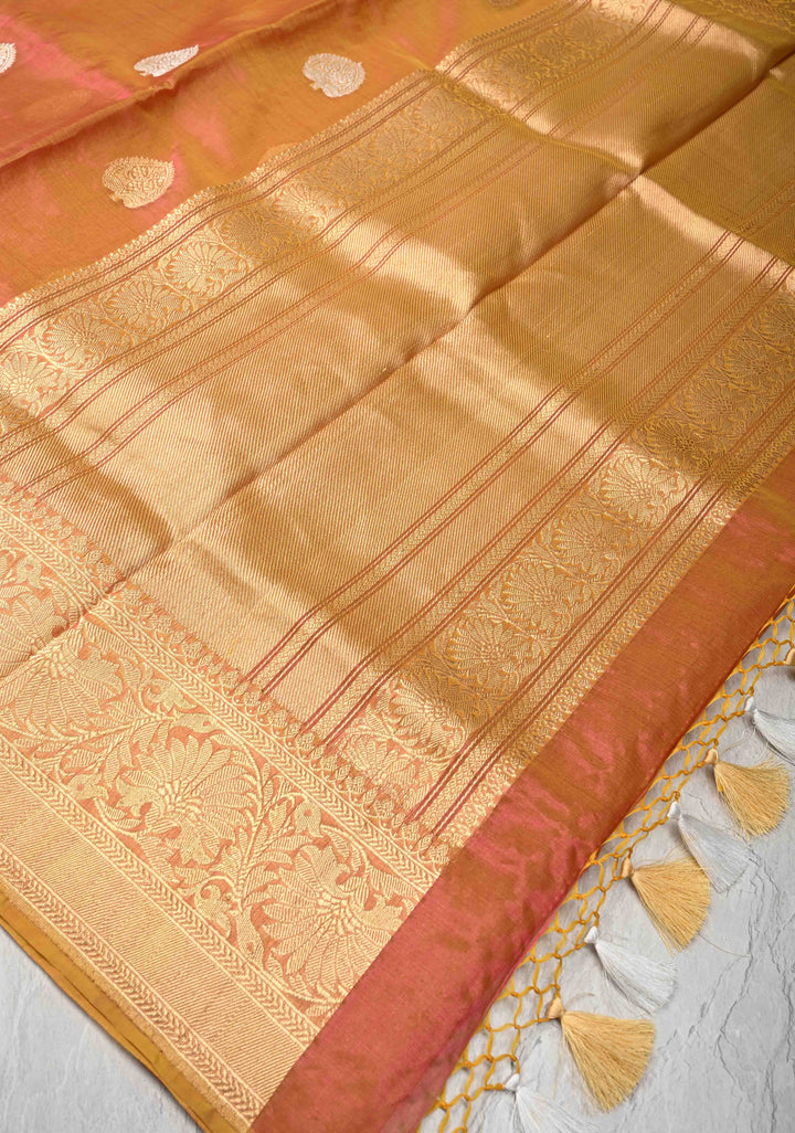 Orange Dual tone Banarasi Kora Silk Saree with Sona Rupa Buttas and Zari Border | SILK MARK CERTIFIED