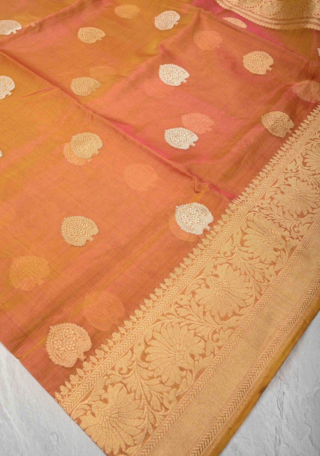 Orange Dual tone Banarasi Kora Silk Saree with Sona Rupa Buttas and Zari Border | SILK MARK CERTIFIED