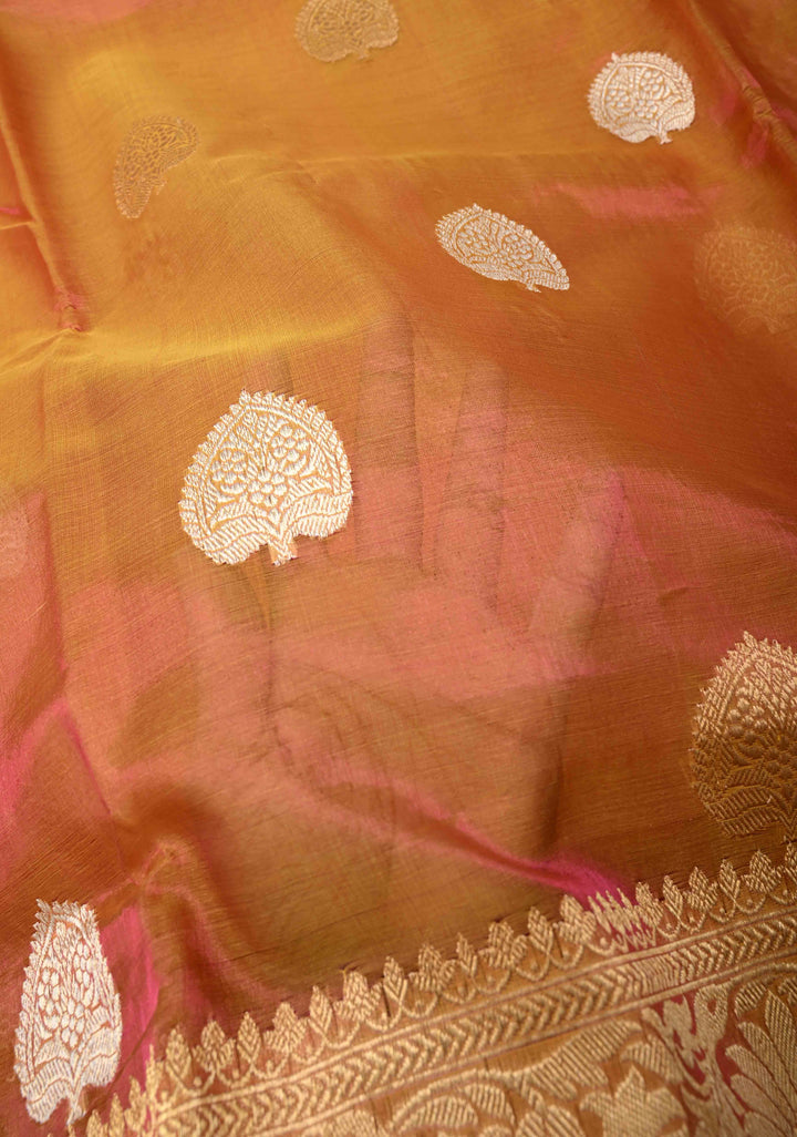 Orange Dual tone Banarasi Kora Silk Saree with Sona Rupa Buttas and Zari Border | SILK MARK CERTIFIED