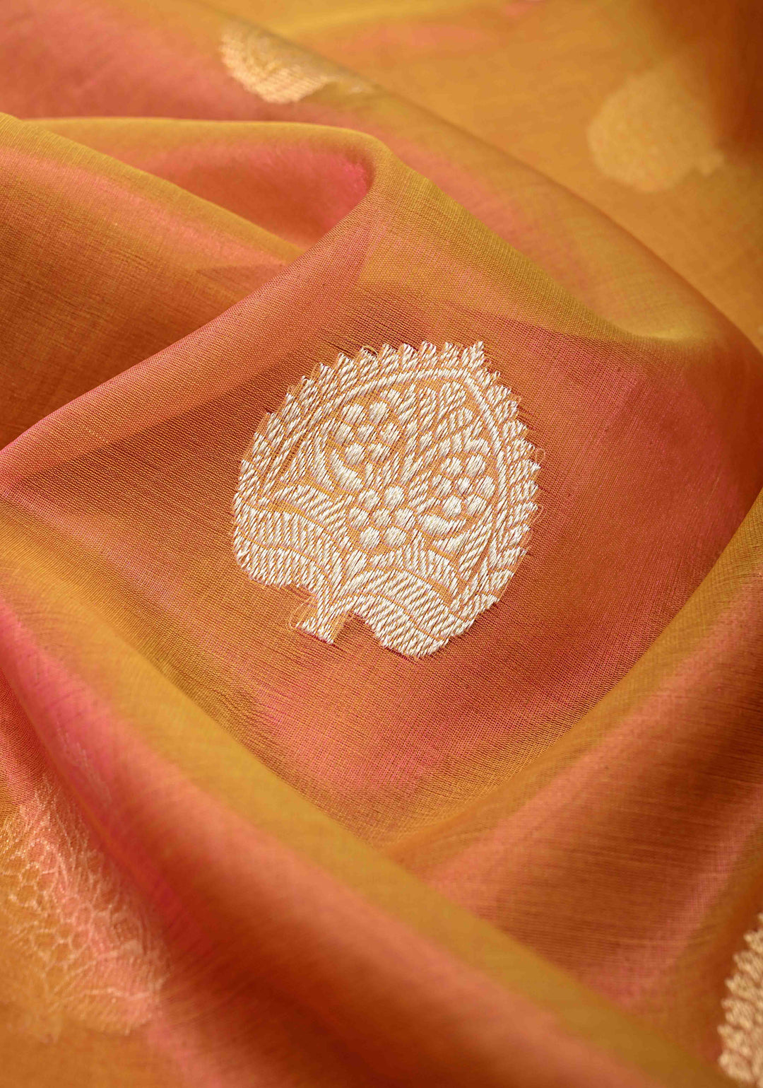 Orange Dual tone Banarasi Kora Silk Saree with Sona Rupa Buttas and Zari Border | SILK MARK CERTIFIED
