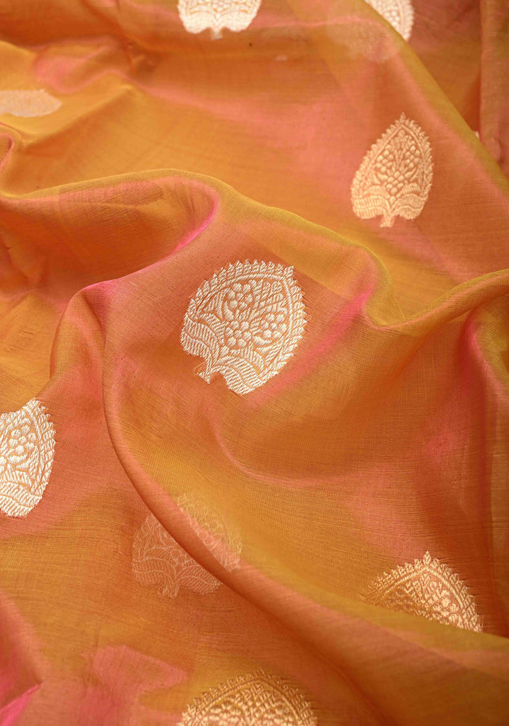 Orange Dual tone Banarasi Kora Silk Saree with Sona Rupa Buttas and Zari Border | SILK MARK CERTIFIED