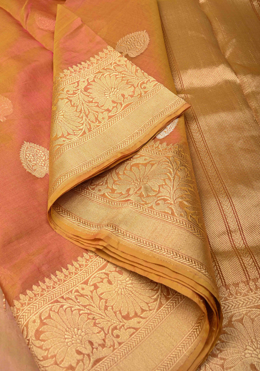 Orange Dual tone Banarasi Kora Silk Saree with Sona Rupa Buttas and Zari Border | SILK MARK CERTIFIED
