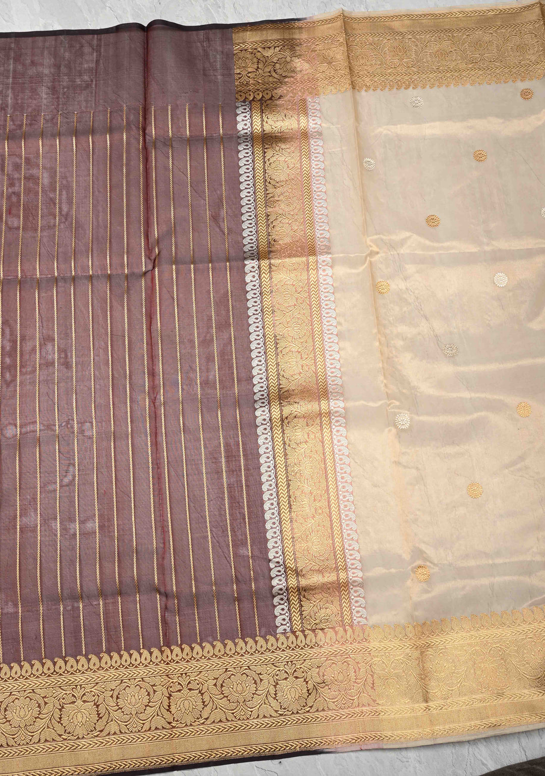 Beige-Burgundy Banarasi Half Kora and Half Tissue Saree with Sona Rupa Buttas and Zari Stripes | Silk Mark Certified