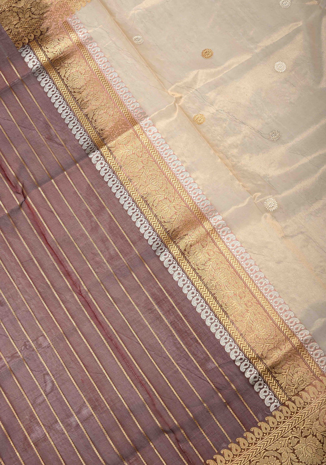 Beige-Burgundy Banarasi Half Kora and Half Tissue Saree with Sona Rupa Buttas and Zari Stripes | Silk Mark Certified