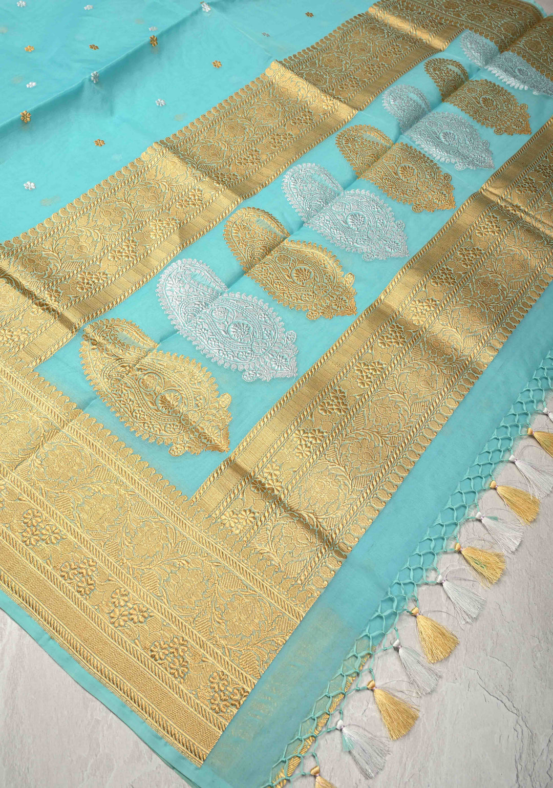 Sky BlueExquisite Banarasi Kora Silk Saree with Chunri Buttas and Zari Border | SILK MARK CERTIFIED