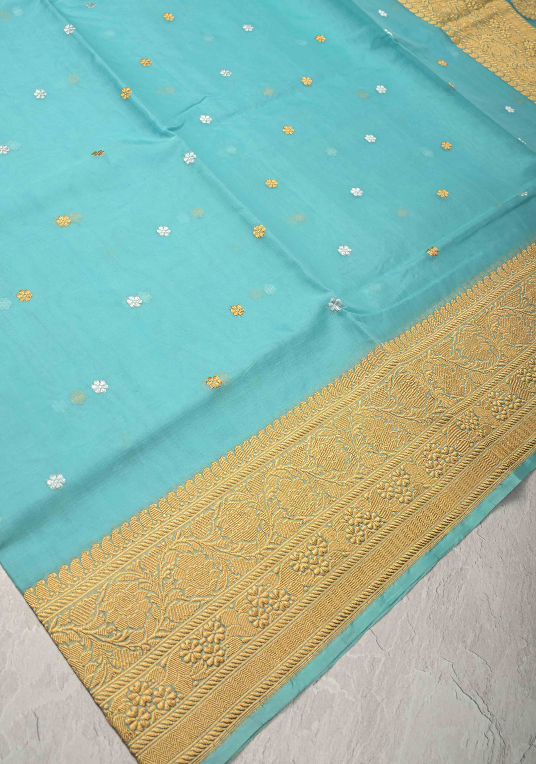 Sky BlueExquisite Banarasi Kora Silk Saree with Chunri Buttas and Zari Border | SILK MARK CERTIFIED