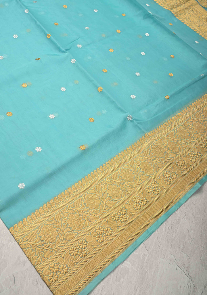 Sky BlueExquisite Banarasi Kora Silk Saree with Chunri Buttas and Zari Border | SILK MARK CERTIFIED