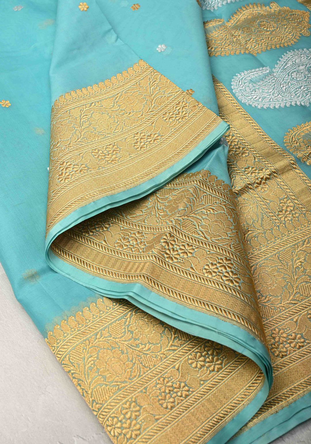 Sky BlueExquisite Banarasi Kora Silk Saree with Chunri Buttas and Zari Border | SILK MARK CERTIFIED