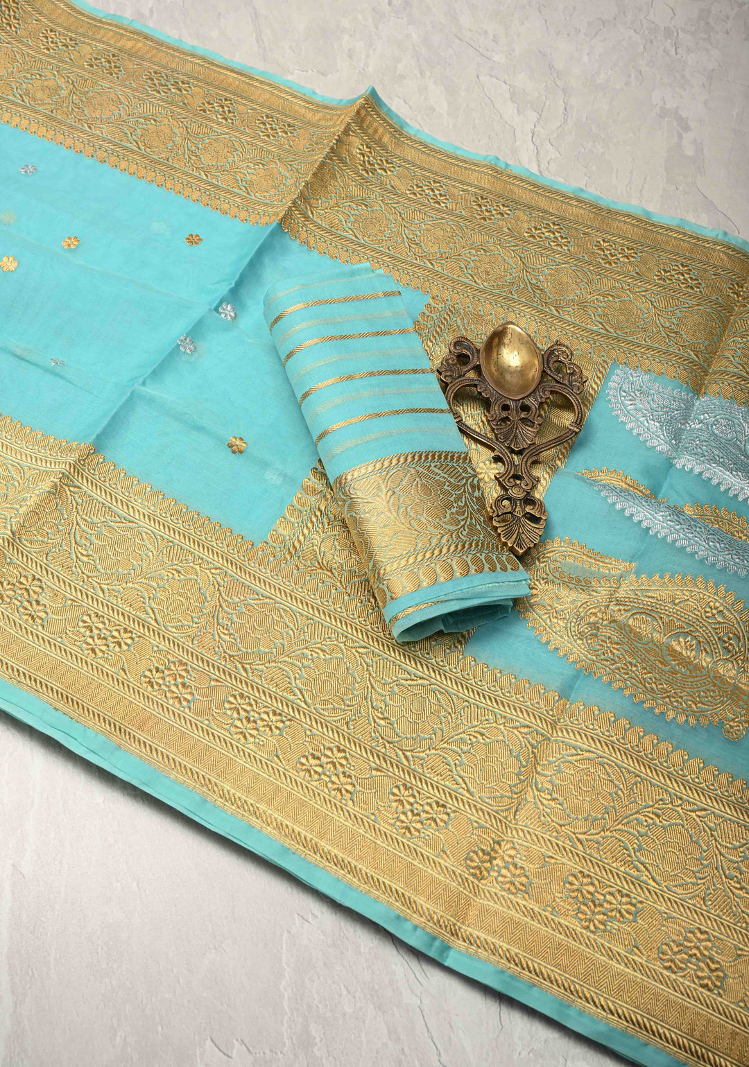 Sky BlueExquisite Banarasi Kora Silk Saree with Chunri Buttas and Zari Border | SILK MARK CERTIFIED