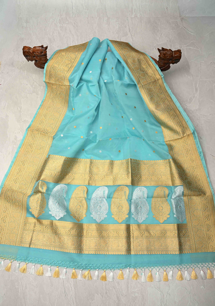Sky BlueExquisite Banarasi Kora Silk Saree with Chunri Buttas and Zari Border | SILK MARK CERTIFIED