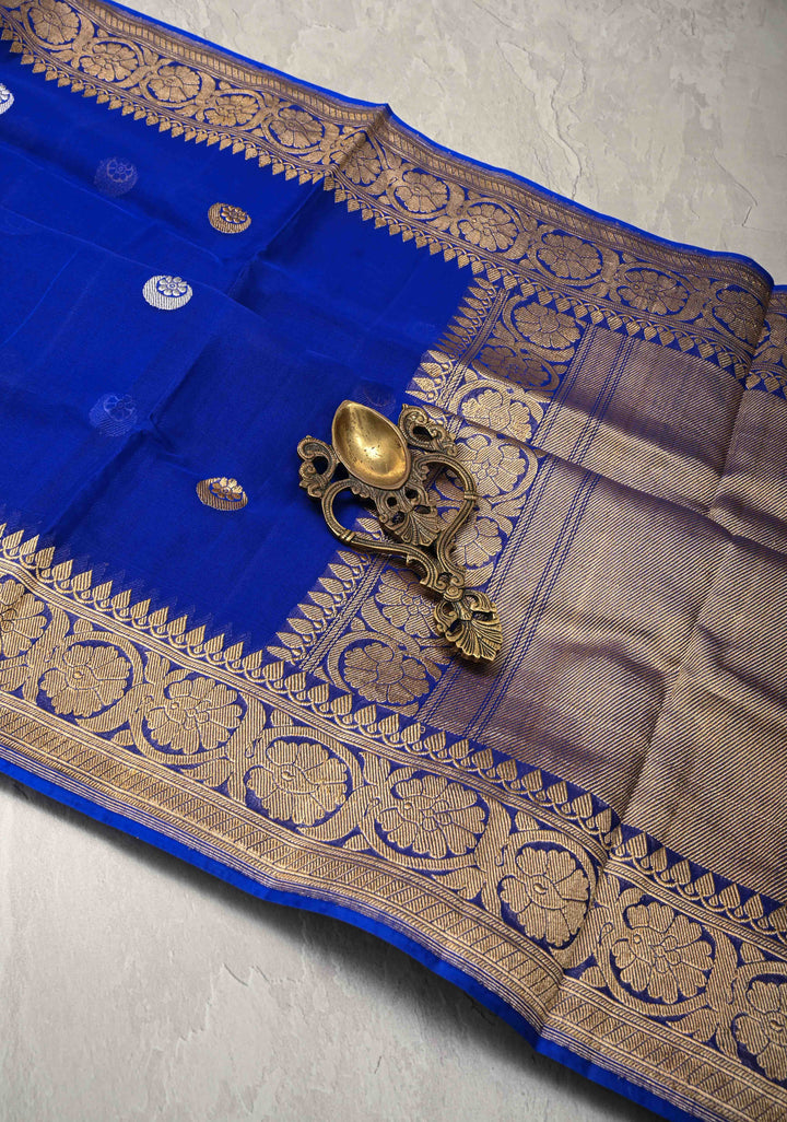 Sapphire Blue Banarasi Kora Silk Saree with Sona Rupa Chand Tara Buttas  and Zari Border | SILK MARK CERTIFIED