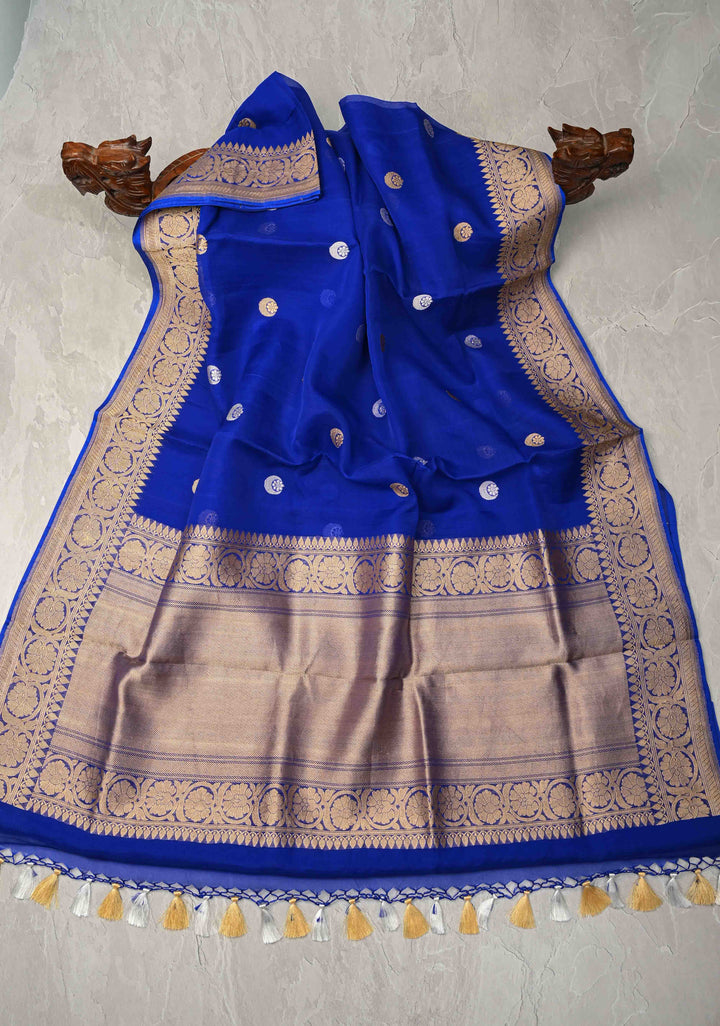 Sapphire Blue Banarasi Kora Silk Saree with Sona Rupa Chand Tara Buttas  and Zari Border | SILK MARK CERTIFIED