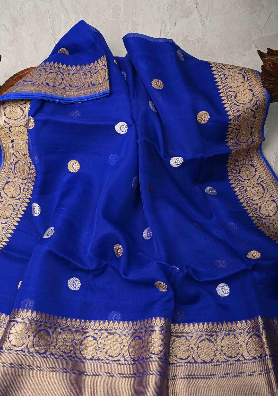 Sapphire Blue Banarasi Kora Silk Saree with Sona Rupa Chand Tara Buttas  and Zari Border | SILK MARK CERTIFIED
