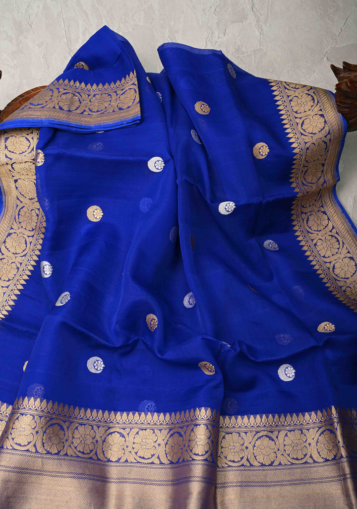 Sapphire Blue Banarasi Kora Silk Saree with Sona Rupa Chand Tara Buttas  and Zari Border | SILK MARK CERTIFIED