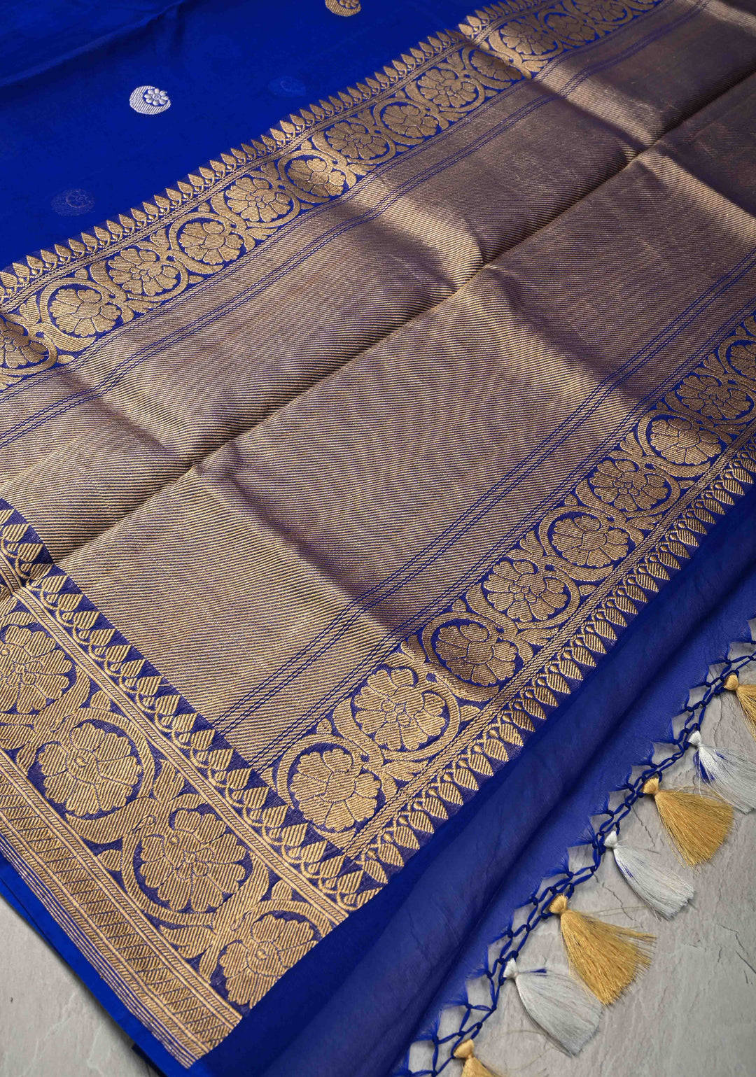 Sapphire Blue Banarasi Kora Silk Saree with Sona Rupa Chand Tara Buttas  and Zari Border | SILK MARK CERTIFIED
