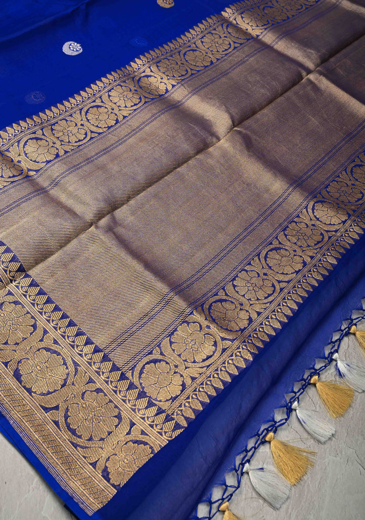 Sapphire Blue Banarasi Kora Silk Saree with Sona Rupa Chand Tara Buttas  and Zari Border | SILK MARK CERTIFIED