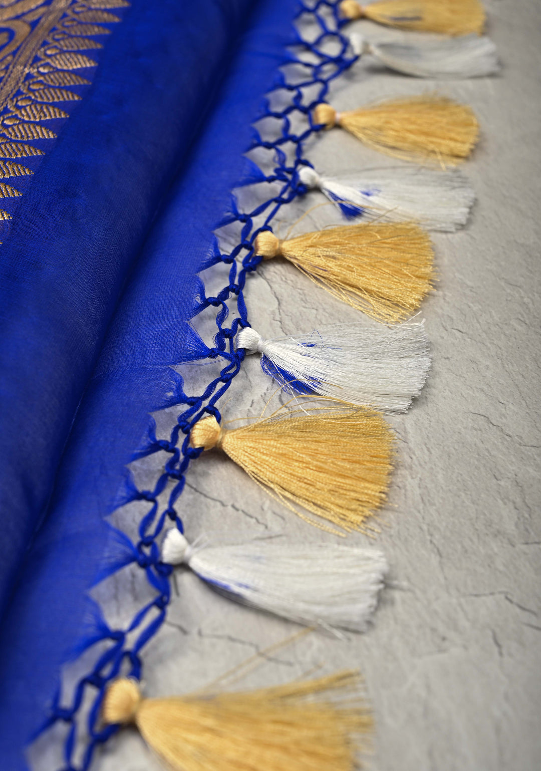 Sapphire Blue Banarasi Kora Silk Saree with Sona Rupa Chand Tara Buttas  and Zari Border | SILK MARK CERTIFIED
