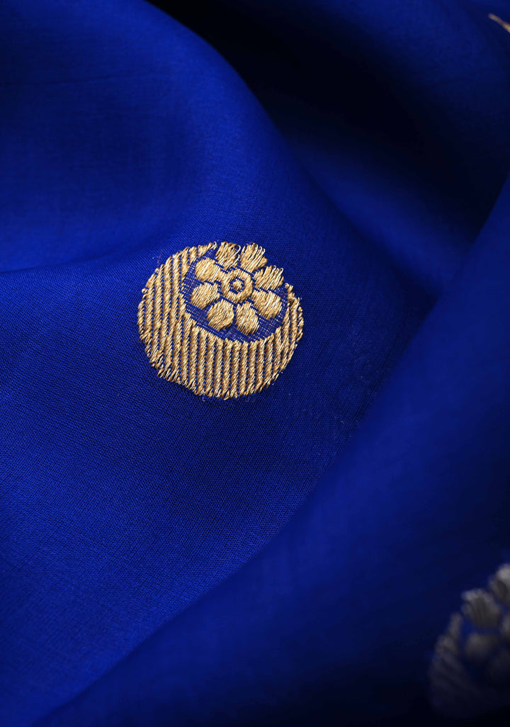 Sapphire Blue Banarasi Kora Silk Saree with Sona Rupa Chand Tara Buttas  and Zari Border | SILK MARK CERTIFIED