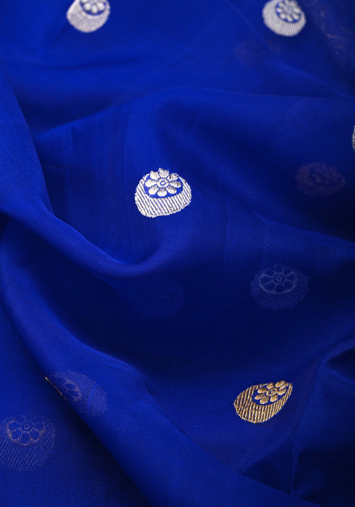 Sapphire Blue Banarasi Kora Silk Saree with Sona Rupa Chand Tara Buttas  and Zari Border | SILK MARK CERTIFIED