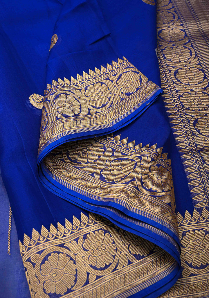 Sapphire Blue Banarasi Kora Silk Saree with Sona Rupa Chand Tara Buttas  and Zari Border | SILK MARK CERTIFIED