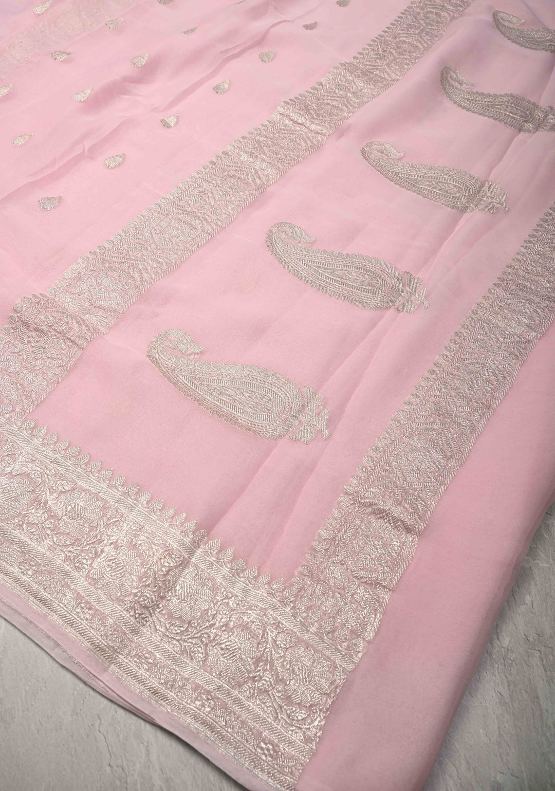 Pastel Pink Pure Chiffon Silk Saree with Silver tone Zari Buttas and Border | SILK MARK CERTIFIED