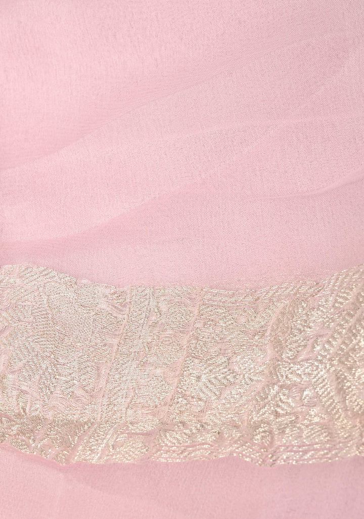 Pastel Pink Pure Chiffon Silk Saree with Silver tone Zari Buttas and Border | SILK MARK CERTIFIED