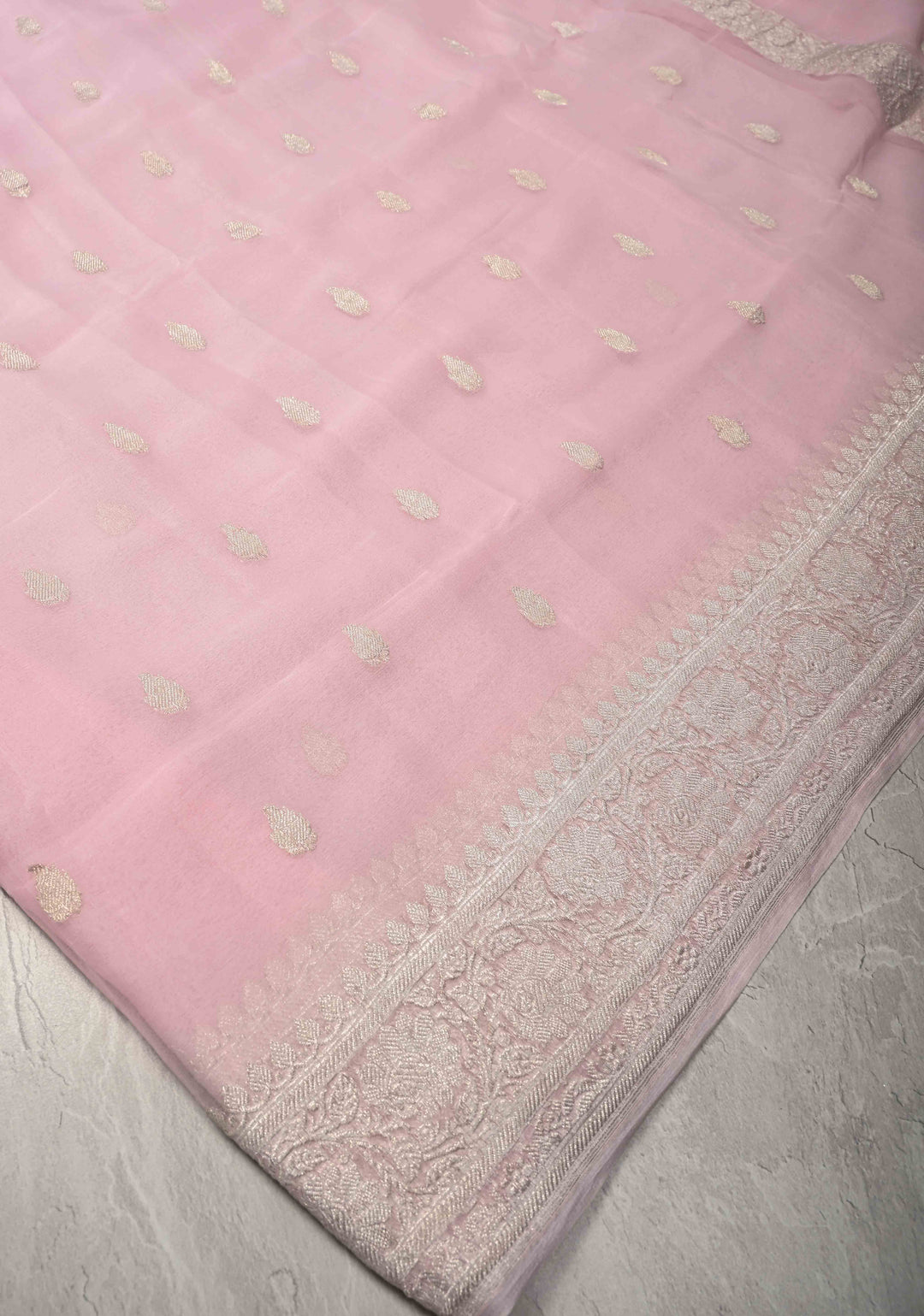 Pastel Pink Pure Chiffon Silk Saree with Silver tone Zari Buttas and Border | SILK MARK CERTIFIED