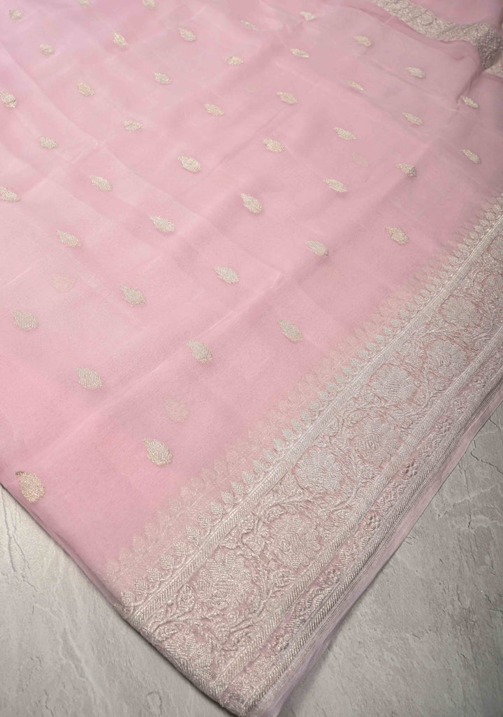Pastel Pink Pure Chiffon Silk Saree with Silver tone Zari Buttas and Border | SILK MARK CERTIFIED