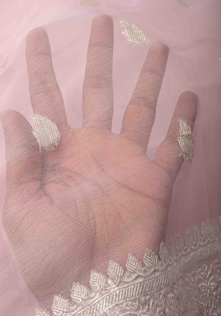 Pastel Pink Pure Chiffon Silk Saree with Silver tone Zari Buttas and Border | SILK MARK CERTIFIED