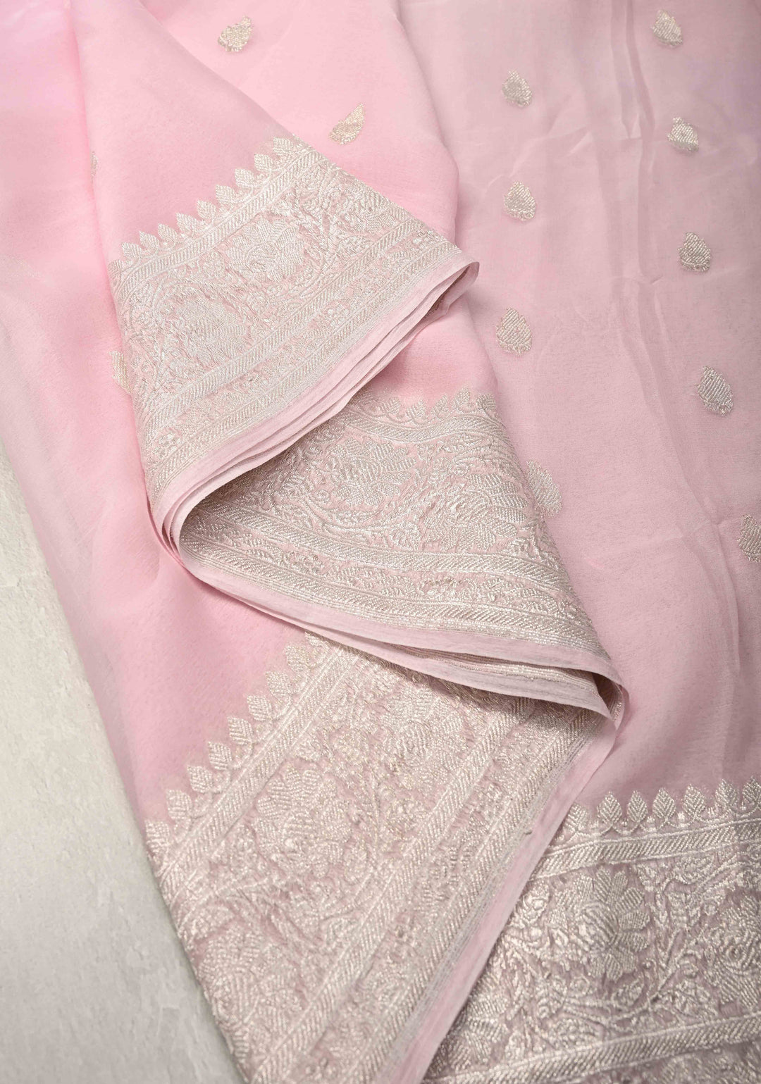Pastel Pink Pure Chiffon Silk Saree with Silver tone Zari Buttas and Border | SILK MARK CERTIFIED