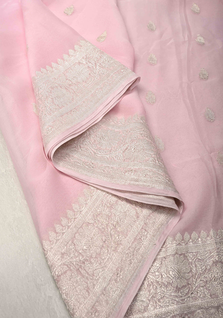 Pastel Pink Pure Chiffon Silk Saree with Silver tone Zari Buttas and Border | SILK MARK CERTIFIED