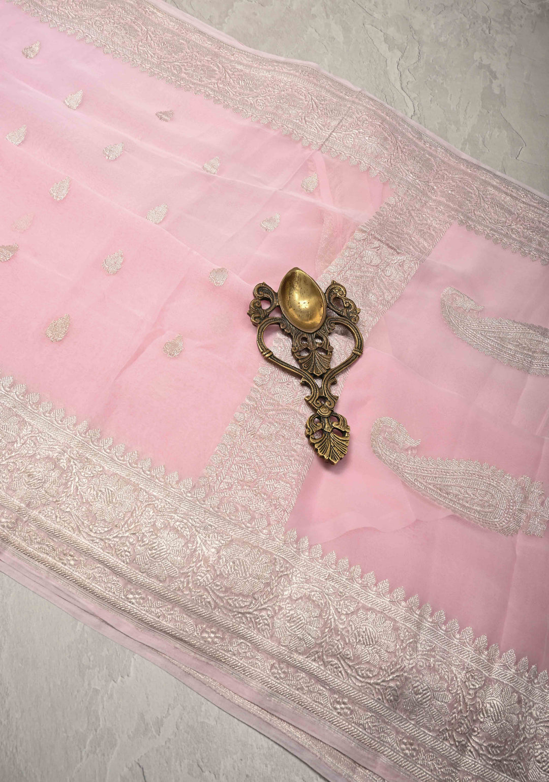 Pastel Pink Pure Chiffon Silk Saree with Silver tone Zari Buttas and Border | SILK MARK CERTIFIED