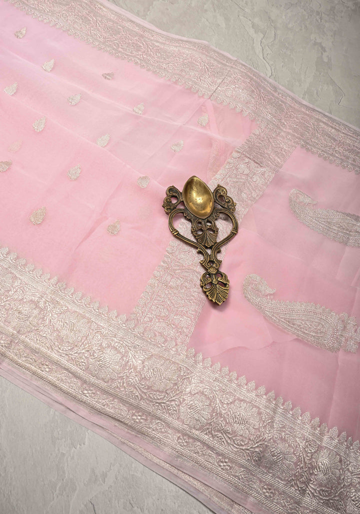 Pastel Pink Pure Chiffon Silk Saree with Silver tone Zari Buttas and Border | SILK MARK CERTIFIED