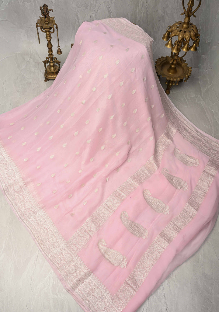 Pastel Pink Pure Chiffon Silk Saree with Silver tone Zari Buttas and Border | SILK MARK CERTIFIED