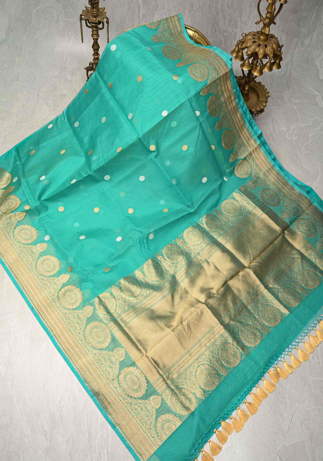 Turquoise Exquisite Banarasi Kora Silk Saree with Gold Silver Zari Buttas and Zari Border | SILK MARK CERTIFIED