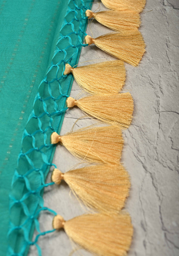 Turquoise Exquisite Banarasi Kora Silk Saree with Gold Silver Zari Buttas and Zari Border | SILK MARK CERTIFIED
