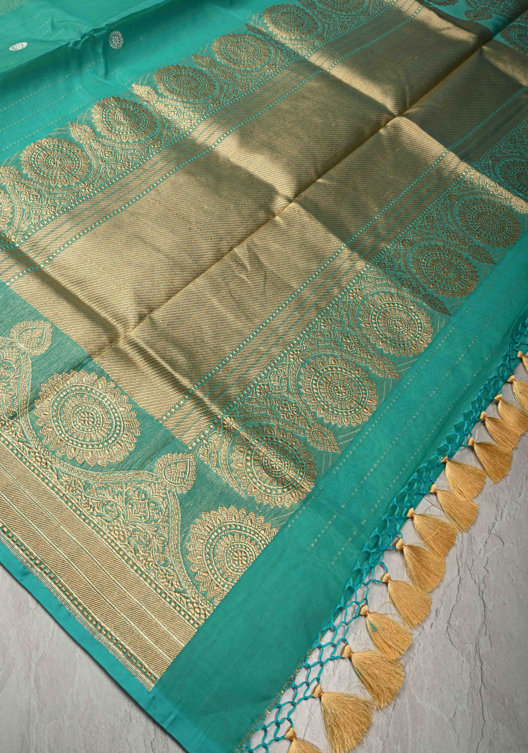 Turquoise Exquisite Banarasi Kora Silk Saree with Gold Silver Zari Buttas and Zari Border | SILK MARK CERTIFIED