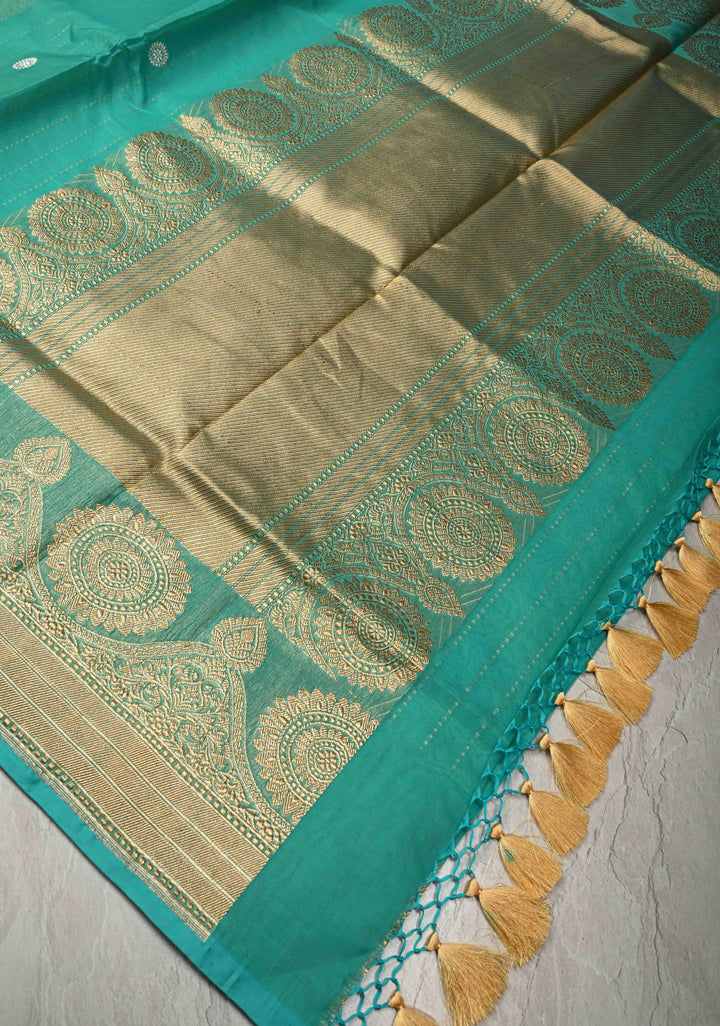 Turquoise Exquisite Banarasi Kora Silk Saree with Gold Silver Zari Buttas and Zari Border | SILK MARK CERTIFIED