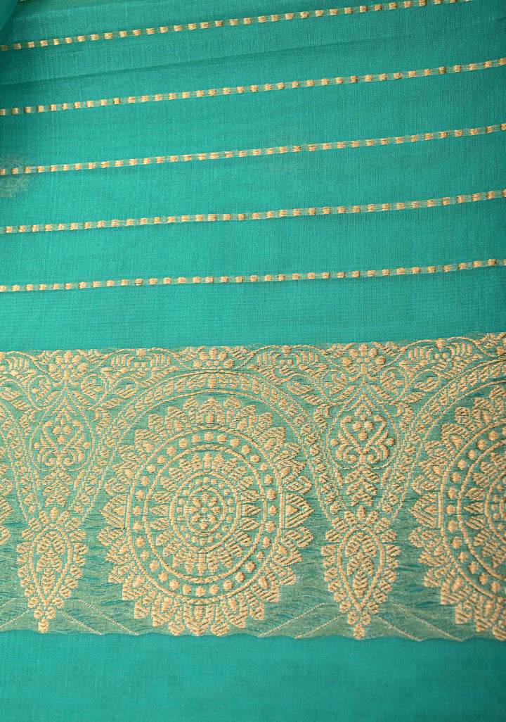 Turquoise Exquisite Banarasi Kora Silk Saree with Gold Silver Zari Buttas and Zari Border | SILK MARK CERTIFIED
