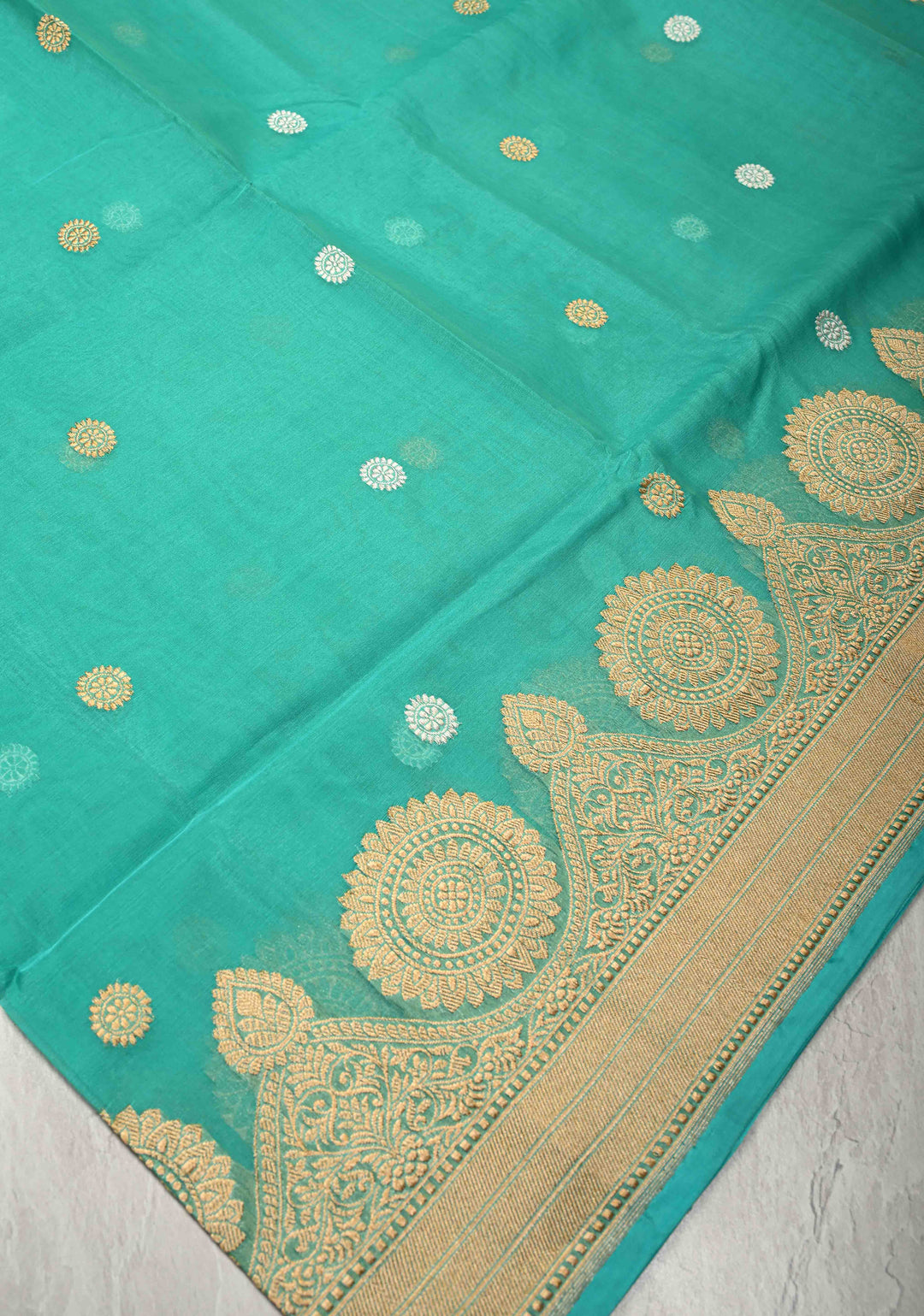 Turquoise Exquisite Banarasi Kora Silk Saree with Gold Silver Zari Buttas and Zari Border | SILK MARK CERTIFIED