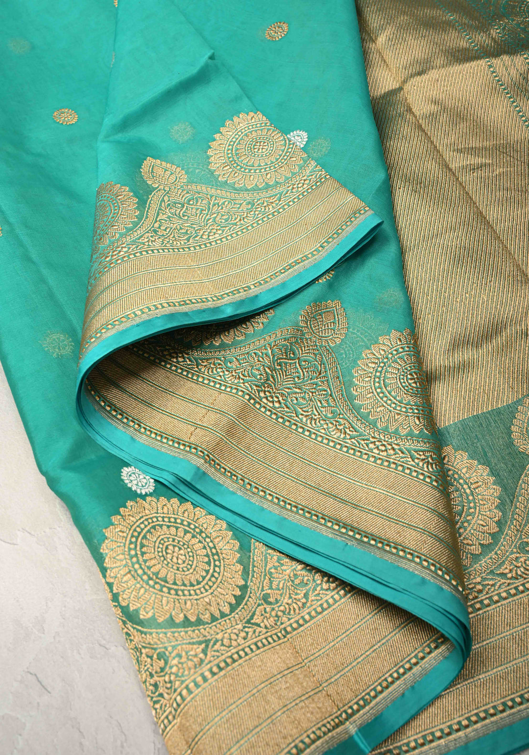 Turquoise Exquisite Banarasi Kora Silk Saree with Gold Silver Zari Buttas and Zari Border | SILK MARK CERTIFIED