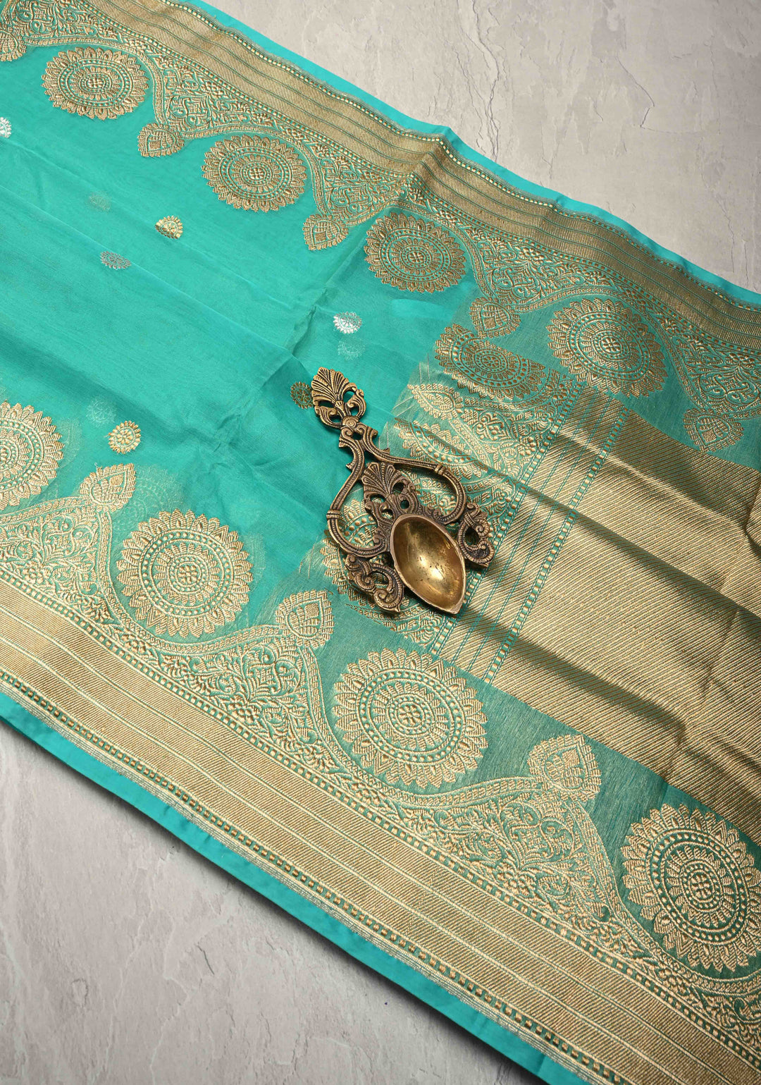 Turquoise Exquisite Banarasi Kora Silk Saree with Gold Silver Zari Buttas and Zari Border | SILK MARK CERTIFIED