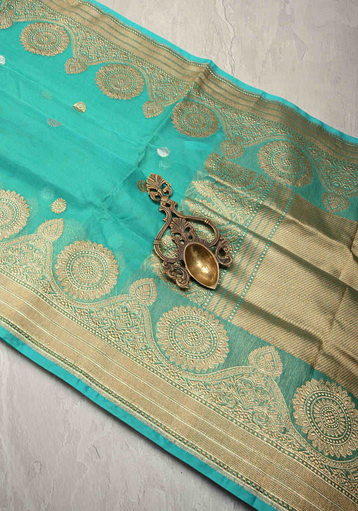 Turquoise Exquisite Banarasi Kora Silk Saree with Gold Silver Zari Buttas and Zari Border | SILK MARK CERTIFIED