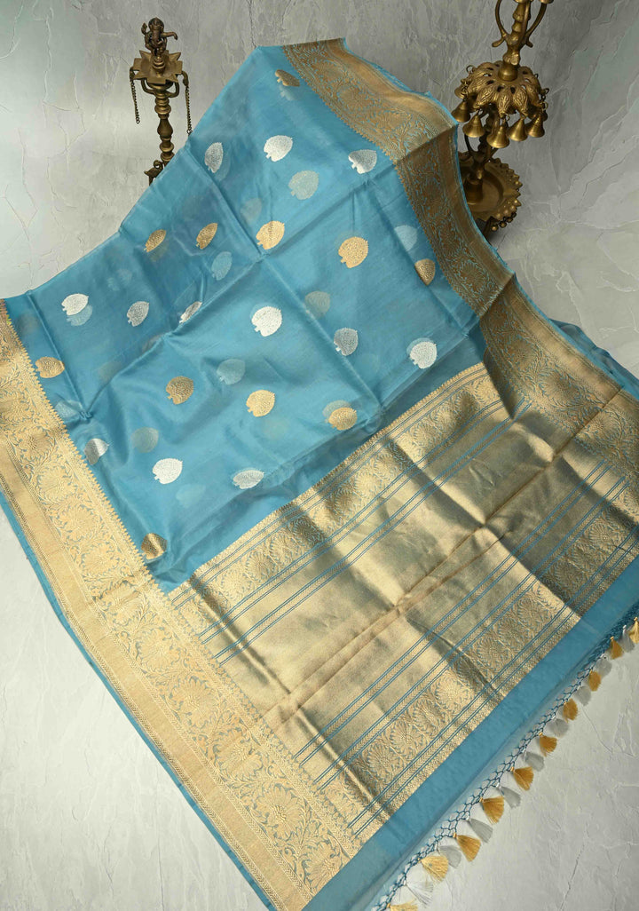 Sky Blue Banarasi Kora Silk Saree with Gold Silver Zari Buttas and Zari Border | SILK MARK CERTIFIED
