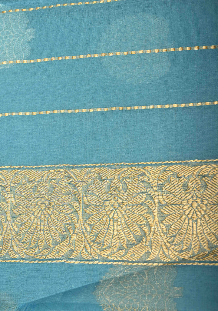 Sky Blue Banarasi Kora Silk Saree with Gold Silver Zari Buttas and Zari Border | SILK MARK CERTIFIED