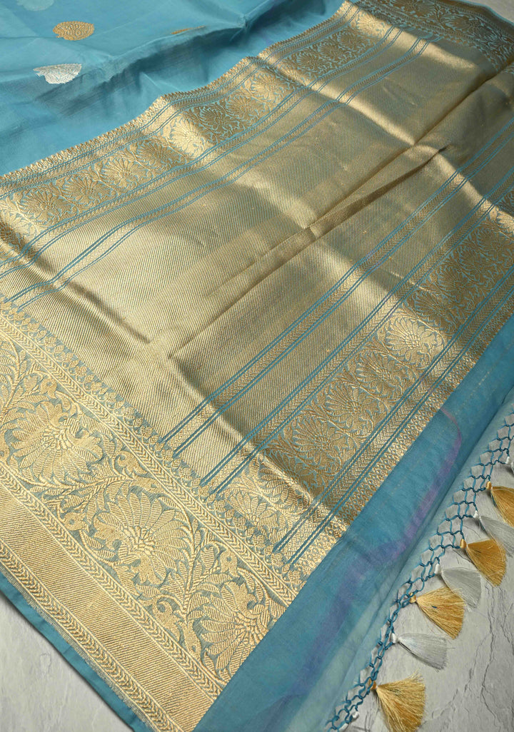 Sky Blue Banarasi Kora Silk Saree with Gold Silver Zari Buttas and Zari Border | SILK MARK CERTIFIED