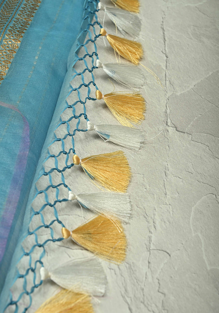 Sky Blue Banarasi Kora Silk Saree with Gold Silver Zari Buttas and Zari Border | SILK MARK CERTIFIED